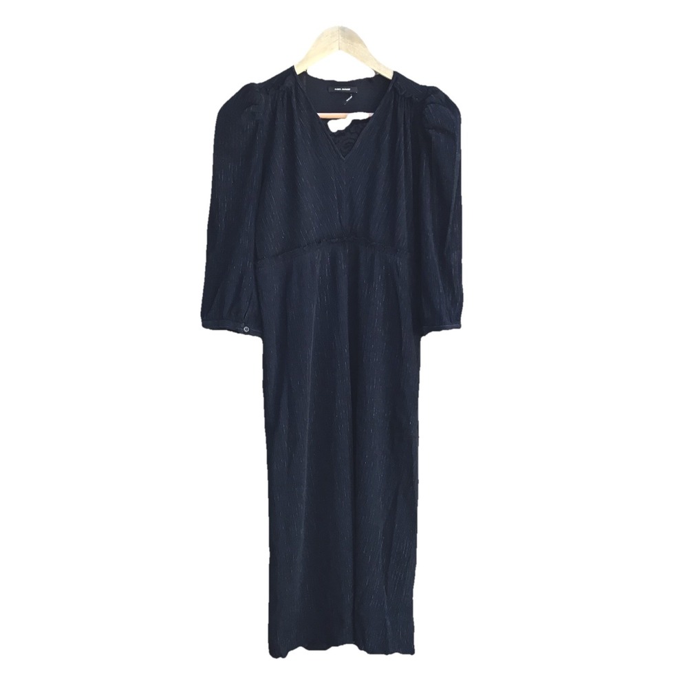 Isabel Marant Black Metallic Pleated Midi Dress Size 36 Puff Sleeve V-Neck